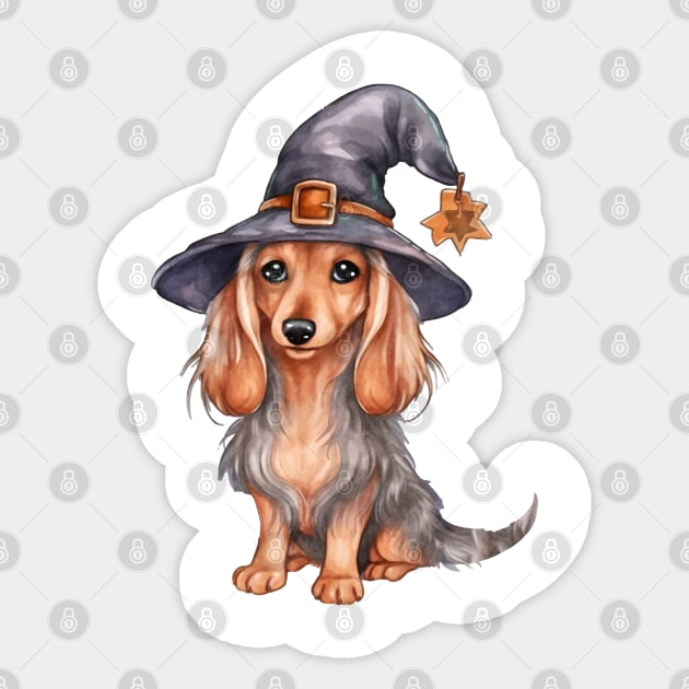 Watercolor Dachshund Dog in Witch Hat Sticker by Chromatic Fusion Studio